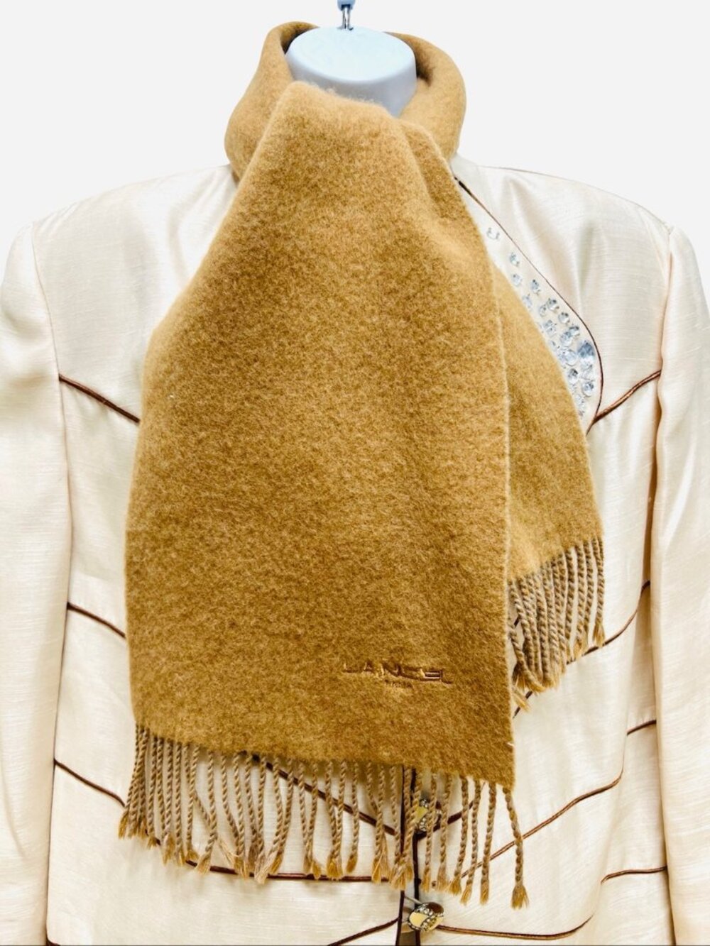 Lancel Paris   Reversible Wool Scaf 58"x10" Sand Beige  light gray Fringe(32 - Picture 10 of 13